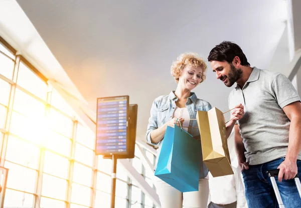Portrait Mature Woman Showing Present She Bought Duty Free Her — Stock Photo, Image