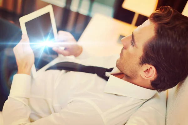 Mature Businessman Lying Bed While Using Digital Tablet Home — Stock Photo, Image