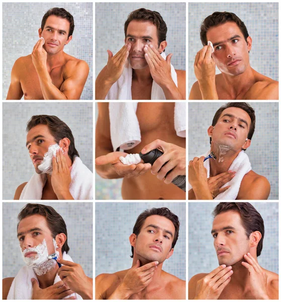 Photo Attractive Man Shaving His Beard Bathroom — Stock Photo, Image