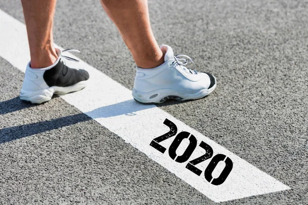 Man Standing Stepping White Line Year 2020 Sign — Stock Photo, Image