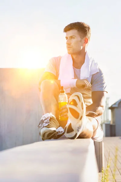 Portrait Young Attractive Man Sitting While Drinking Energy Drink — Stock Photo, Image