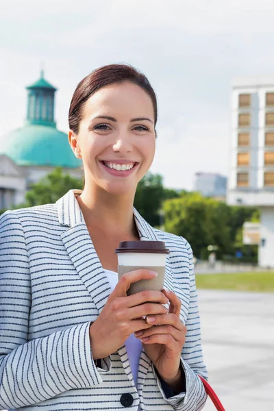 Portrait Young Attractive Businesswoman Smiling While Holding Cup Coffee Office — Stock Photo, Image