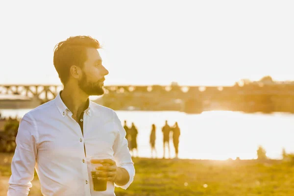 Portrait Young Attractive Businessman Drinking Beer Walking Barefoot Beach While — Stock Photo, Image