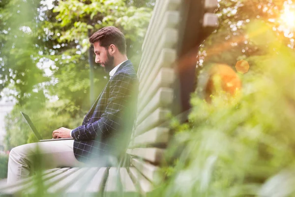 Portrait Young Attractive Businessman Sitting Bench While Working His Laptop — Stock Photo, Image