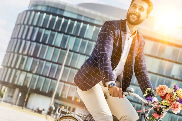 Portrait Young Attractive Businessman Riding Bicycle — Stock Photo, Image