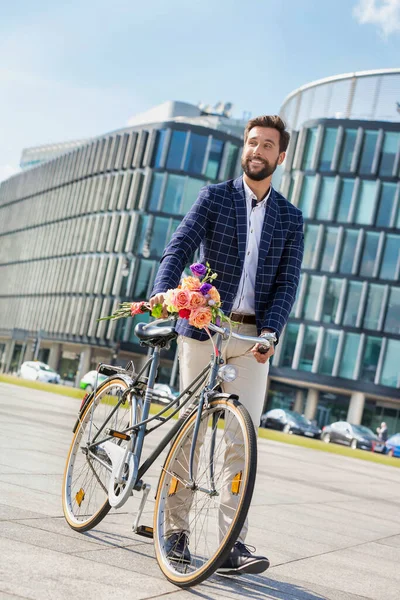 Portrait Young Attractive Businessman Standing His Bicycle While Holding Bouquet — Stock Photo, Image