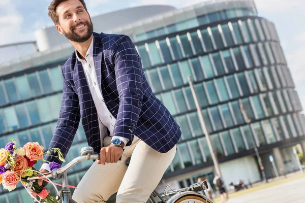 Portrait Young Attractive Businessman Riding Bicycle — Stock Photo, Image