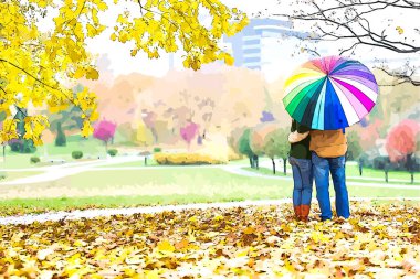 Adamın şemsiyesini tutarken karısıyla parktaki manzaranın keyfini çıkardığı arka manzara.