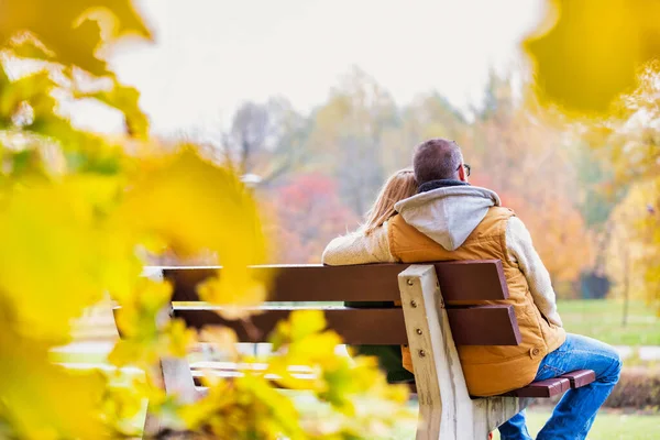 公園で秋を楽しみながらベンチに座って成熟したカップルの肖像画 — ストック写真