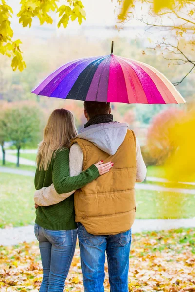 Widok Tyłu Człowieka Trzymając Parasol Podziwiając Piękny Widok Żoną Parku — Zdjęcie stockowe