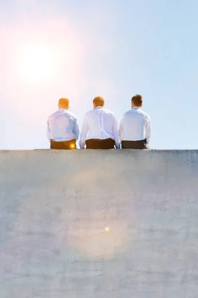 Rear View Mature Thoughtful Businessmen Sitting Office Rooftop — Stock Photo, Image