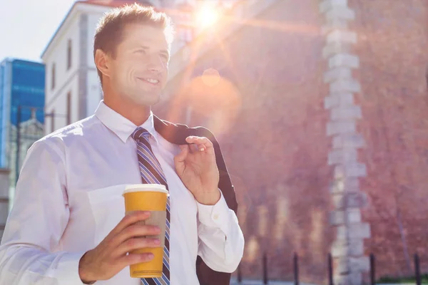 Portrait Mature Businessman Walking While Holding Cup Coffee — Stock Photo, Image