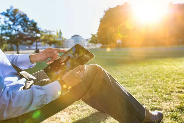 Gammal Affärsman Sitter Trädet När Använder Digital Tablett — Stockfoto