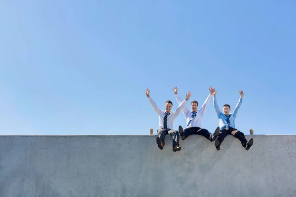 Group Handsome Businessmen Sitting While Having Fun Office Rooftop — Stock Photo, Image