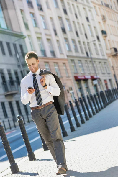 Portrait Mature Businessman Using Smartphone While Walking Pavement Work — Stock Photo, Image