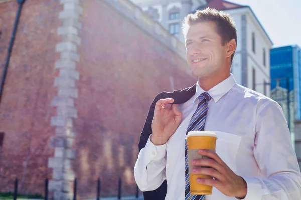 Portrait Mature Businessman Walking While Holding Cup Coffee — Stock Photo, Image