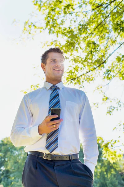 Akıllı Telefon Kullanan Yakışıklı Olgun Adamının Düşük Açılı Görüntüsü — Stok fotoğraf