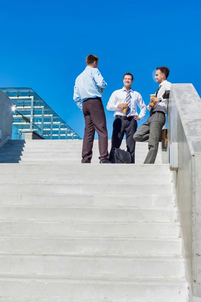 Group Businessmen Standing Talking While Drinking Coffee Break — Stock Photo, Image