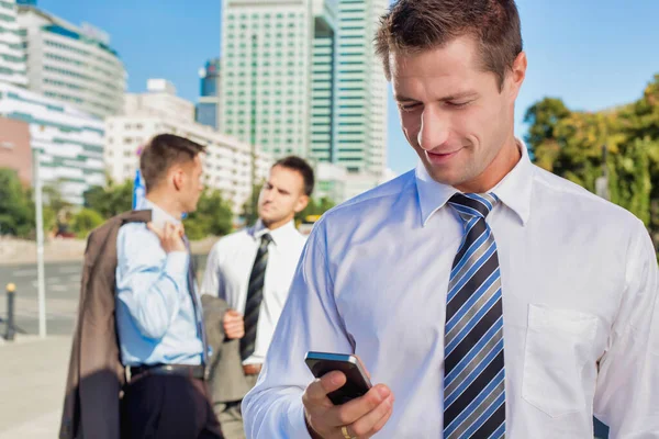 Portrait Mature Attractive Businessman Smiling While Using Smartphone Work — Stock Photo, Image