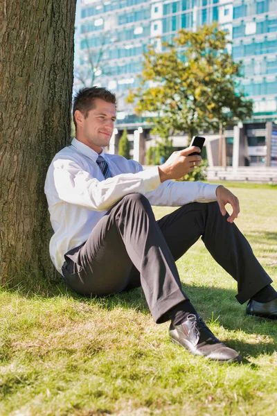 休憩中に木の下に座っている間にスマートフォンを使用して成熟したビジネスマンの肖像画 — ストック写真