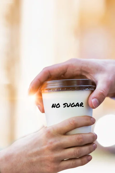 Close Photo Businesswoman Giving Businessman Cup Coffee Sugar — Stock Photo, Image