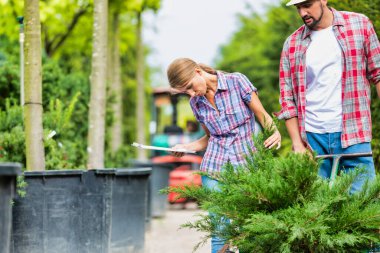 Yetişkin bir kadının çiçekçide iş arkadaşıyla panoya rapor yazarken çekilmiş fotoğrafı.