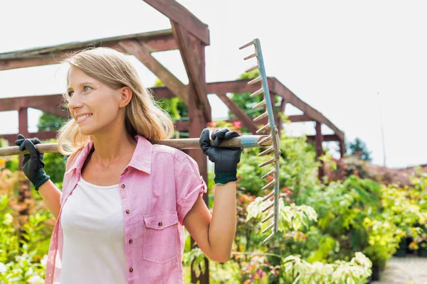 Portrait Smiling Mature Beautiful Gardener Holding Fork Rake — Stock Photo, Image