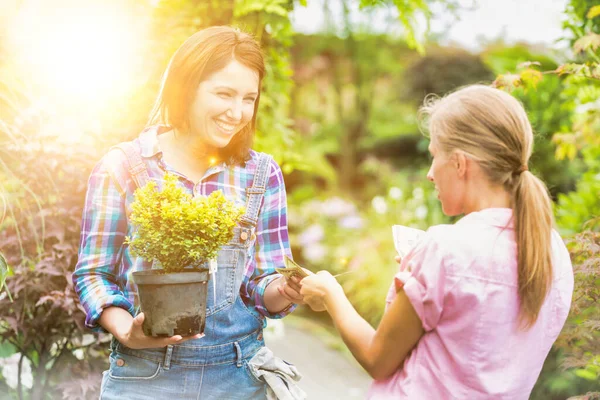 Kvinna Köpa Växter Och Kontant Betalning Till Ägaren — Stockfoto