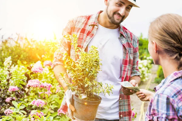 Woman Buying Plants Giving Cash Payment Shop Owner — Stock Photo, Image