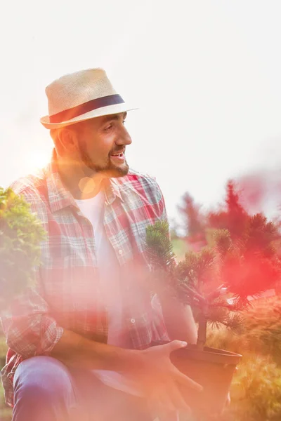 Retrato Jardineiro Maduro Segurando Planta Pote — Fotografia de Stock