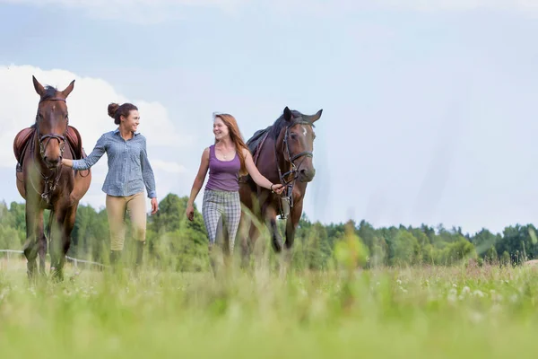 Çiftlikte Atlarıyla Konuşurken Gezen Öğretmen Öğrenci Portresi — Stok fotoğraf
