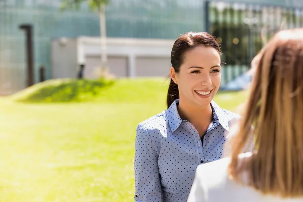 Jovem Atraente Empresária Conversando Com Seu Colega — Fotografia de Stock