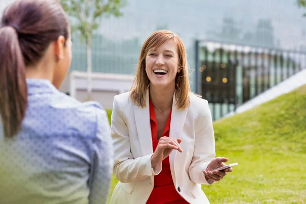 Mujer Negocios Riendo Mientras Habla Con Colega — Foto de Stock