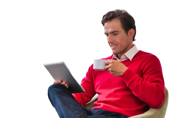 Portrait Attractive Businessman Using Digital Tablet While Sitting Drinking Coffee — Stock Photo, Image