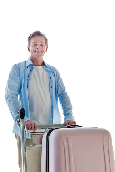スーツケースで手荷物カートを押す大人のビジネスマンのカットアウト — ストック写真
