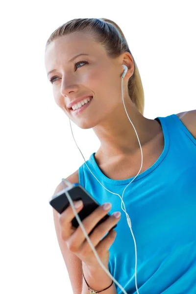 Cutout Young Attractive Woman Standing Arms Crossed While Listening Music — Stock Photo, Image