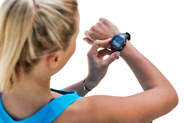 Recorte Del Temporizador Ajuste Mujer Activa Reloj Pulsera Salud — Foto de Stock