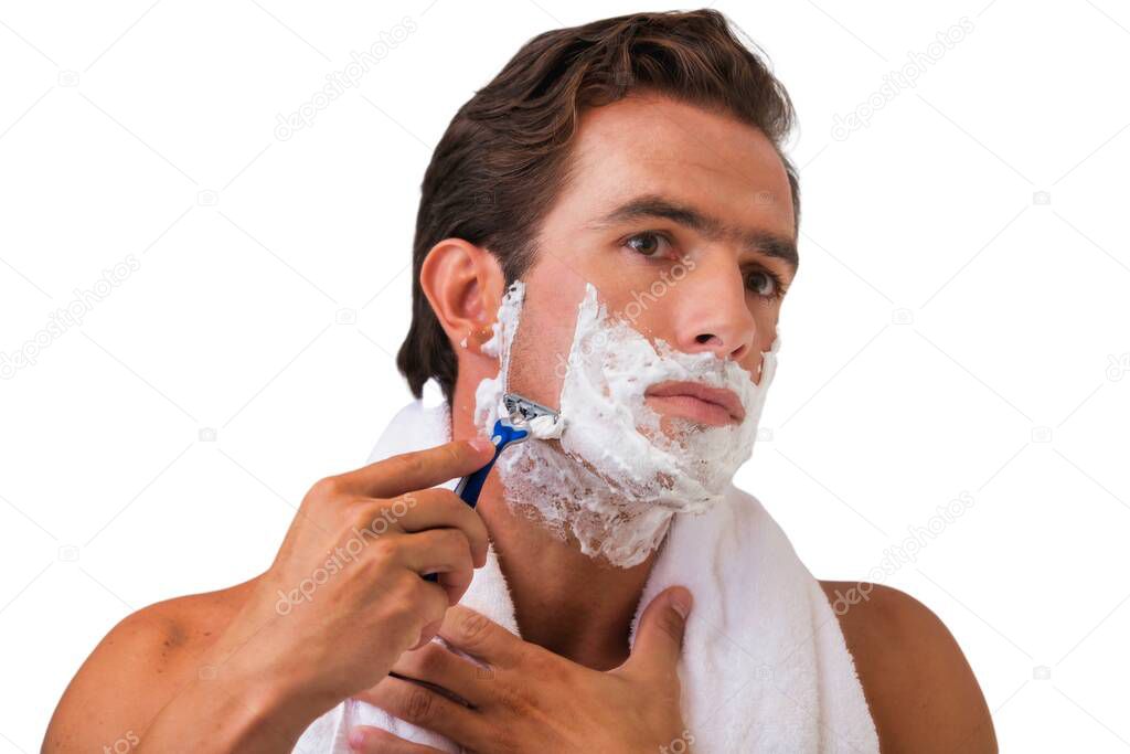 Cutout of man shaving his beard in the bathroom