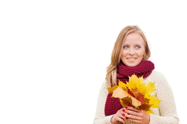 Cutout Attractive Woman Wearing Winter Clothes Holding Maple Leaves — Stock Photo, Image