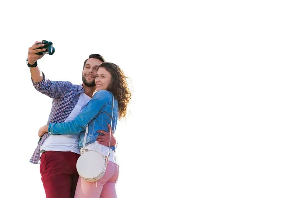 Portrait Young Attractive Man Taking Selfie His Girlfriend Isolated White — Stock Photo, Image