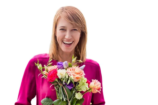Portrait Young Attractive Woman Holding Bouquet Flowers Isolated White — Stock Photo, Image