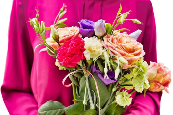 Vrouw Met Boeket Bloemen Geïsoleerd Wit — Stockfoto