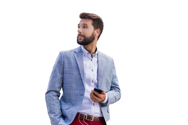 Portrait Jeune Homme Affaires Attrayant Utilisant Smartphone Avec Écouteurs Isolés — Photo
