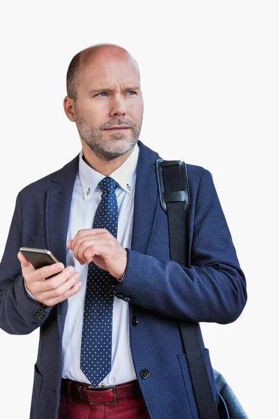 Retrato Homem Negócios Usando Smartphone Isolado Branco — Fotografia de Stock