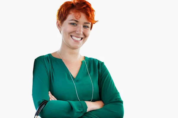 Portrait Smiling Confident Businesswoman Standing Arms Crossed Isolated White — Stock Photo, Image