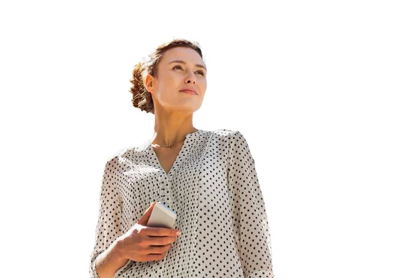 Portrait Young Attractive Woman Holding Smartphone While Standing Isolated White — Stock Photo, Image