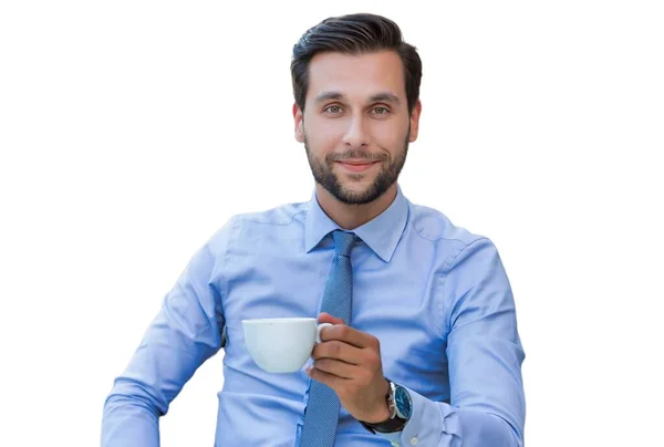 Portrait Young Attractive Businessman Sitting Cafe While Drinking Coffee Isolated — Stock Photo, Image