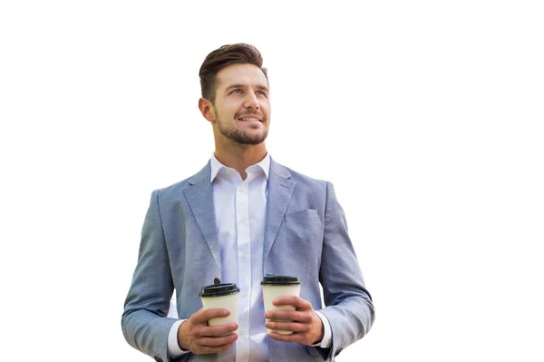 Портрет Молодого Привлекательного Бизнесмена Двумя Чашками Кофе Изолированными Белом — стоковое фото