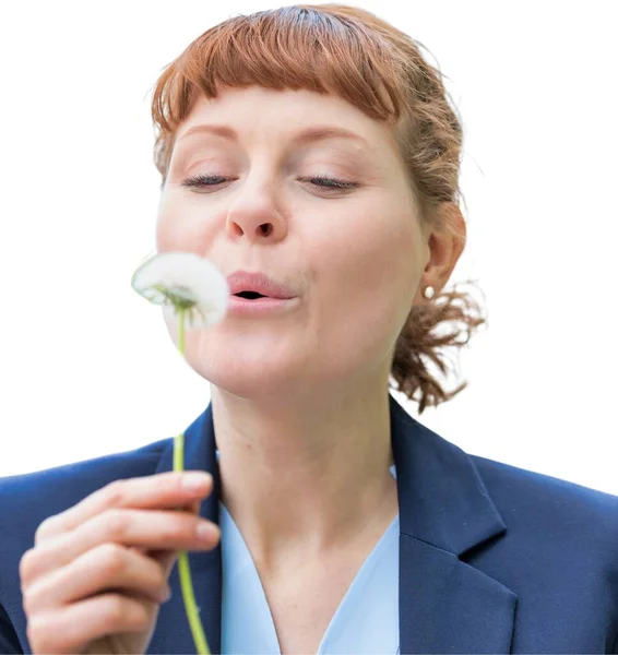 Portrait Young Attractive Businesswoman Wishing Dandelion Isolated White — Stock Photo, Image