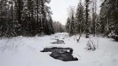 Kış, buzlar çözülür, bir insan-turist, büyük bir sırt çantasıyla nehirden karşıya geçer.